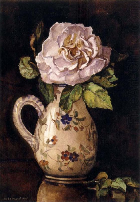Hirst, Claude Raguet White Rose in a Glazed Ceramic Pitcher with Floral Design
